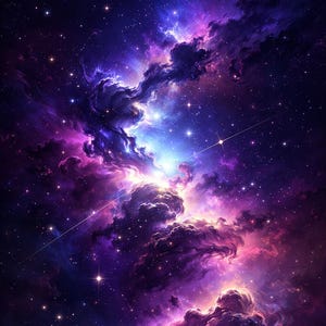 Op de afbeelding: Digitale kunst van een levendige nevel in de ruimte. De afbeelding toont wervelende wolken in paarse, roze en blauwe tinten, verlicht door helder hemels licht en verspreide sterren. Het kunstwerk roept een gevoel van kosmische verwondering op.