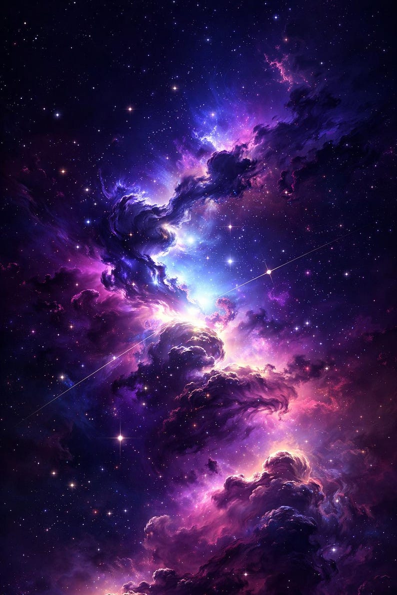 Op de afbeelding: Digitale kunst van een levendige nevel in de ruimte. De afbeelding toont wervelende wolken in paarse, roze en blauwe tinten, verlicht door helder hemels licht en verspreide sterren. Het kunstwerk roept een gevoel van kosmische verwondering op.