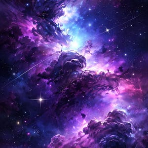 May include: A vibrant digital art piece depicting a nebula in shades of purple, blue, and pink. The image showcases swirling clouds of gas and dust, with bright stars scattered throughout the cosmic scene. A celestial and dreamy aesthetic.