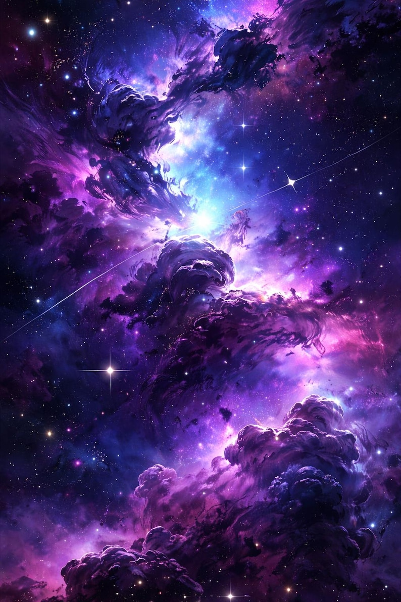Op de afbeelding: Een levendig digitaal kunstwerk dat een nevel in tinten paars, blauw en roze weergeeft. De afbeelding toont wervelende wolken van gas en stof, met heldere sterren verspreid over de kosmische sc&egrave;ne.