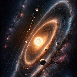 Op de afbeelding: Een digitale illustratie van een sterrenstelsel met een heldere ster in het midden, omringd door wervelende oranje en blauwe nevels. Planeten van verschillende groottes draaien in witte cirkelvormige banen om de ster.