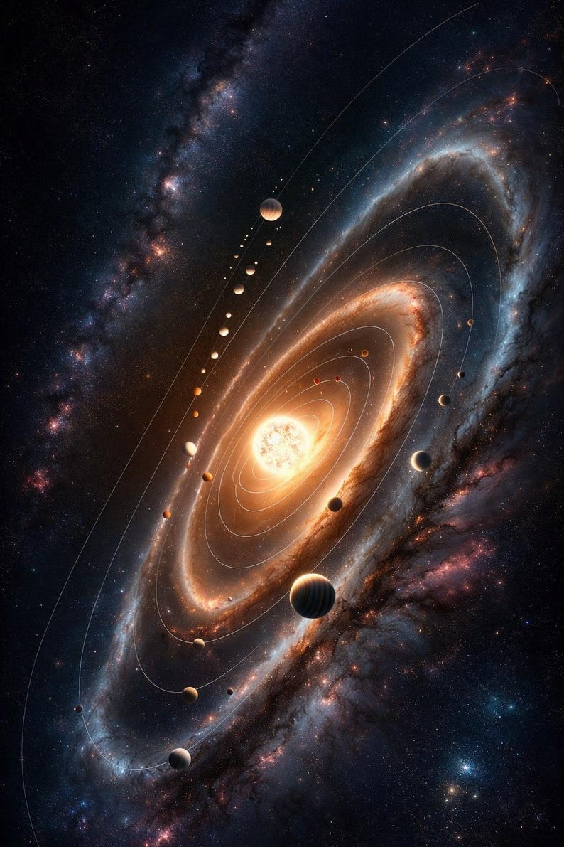 Op de afbeelding: Een digitale illustratie van een sterrenstelsel met een heldere ster in het midden, omringd door wervelende oranje en blauwe nevels. Planeten van verschillende groottes draaien in witte cirkelvormige banen om de ster.