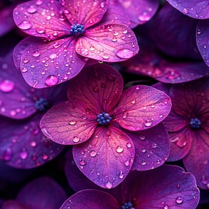 Puede incluir: Primer plano de vibrantes flores moradas con gotas de agua. Los pétalos muestran un degradado de colores, desde el violeta oscuro hasta tonos rosados más claros. Las flores tienen un grupo central de pequeños capullos azules.
