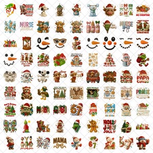 May include: A selection of Christmas-themed designs with diverse characters and phrases. Designs include snowmen, Santa Claus, penguins, and bears, with text like "Merry Christmas" and "Deck the Halls".