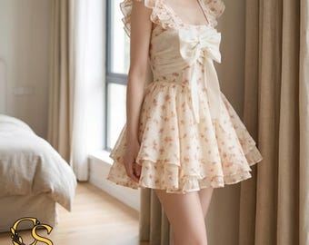 Floral Mini Dress | Bow Waist A Line | Party Wear | Soft Fairy Style