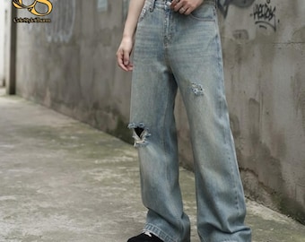 Vaqueros anchos rasgados / Pantalones rectos holgados / Ropa de diario / Estilo callejero coreano