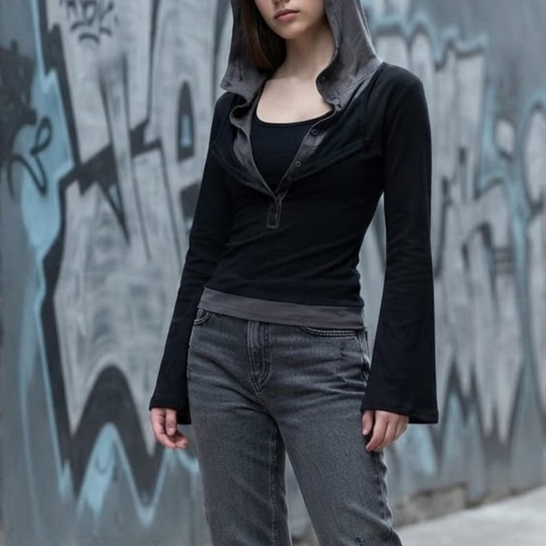 Hooded Long Sleeve Top | Vintage Aesthetic Shirt | Retro Slim Fit Tee | Y2K Grunge Streetwear

Retro aesthetic hooded shirt for women casual street fashion