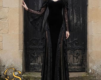 Vestido de bruja gótica / Vestido oscuro de cosplay para Halloween / Disfraz de encaje / Conjunto de manga larga