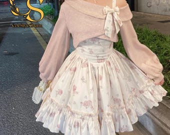 Rok met bloemenprint | Off-shoulder shirt met strik | Casual kawaii-outfitset