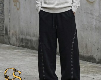 Pantalones deportivos bordados / Pantalones casuales de pierna ancha / Costuras en contraste / Ropa urbana retro para hombre