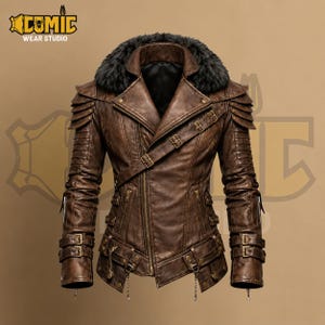 Premium distressed brown leather jacket featuring a black faux fur collar, asymmetrical zipper, adjustable waist and cuff buckles, reinforced shoulders, and gothic fashion details.