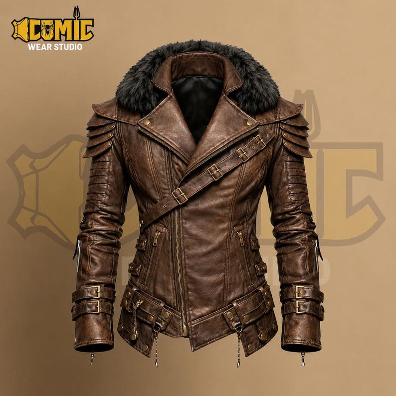 Premium distressed brown leather jacket featuring a black faux fur collar, asymmetrical zipper, adjustable waist and cuff buckles, reinforced shoulders, and gothic fashion details.