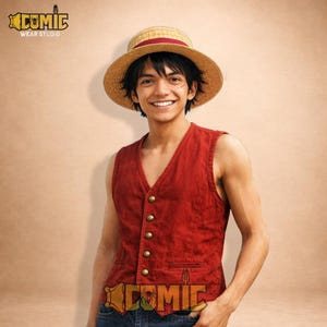 May include: A person wearing a straw hat with a red band and a red vest with gold buttons. The vest has a V-neck and pockets. The image includes the text "XCOMIC WEAR STUDIO".