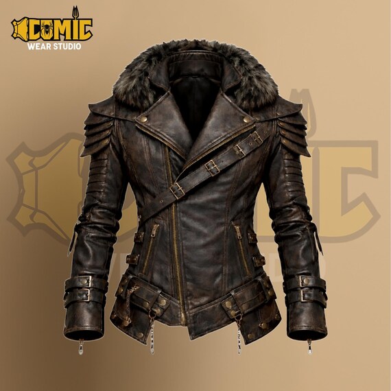 Viking Warrior Real Leather Jacket - Karlach Baldur's Gate 3 Cosplay - Genuine Brown Distressed Fantasy Armor Norse Barbarian Fur Biker Coat