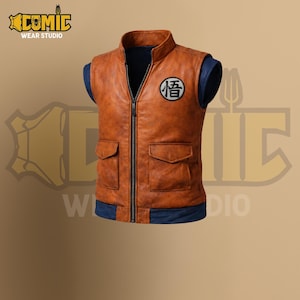 May include: A brown leather vest with a black zip, two front pockets, and a mandarin collar. The vest features a black patch with Japanese characters. Blue accents are on the shoulders and hem.