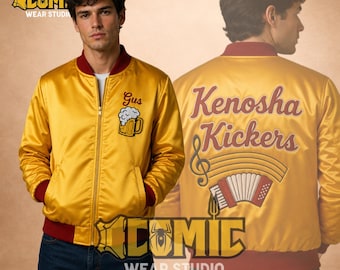 Op Kenosha Kickers geïnspireerde jas, alleen thuis Gus Polinski-cosplay, John Candy Polka King gele bommenwerper, filmreplica uit de jaren 90, retro vakantie