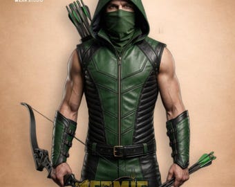 Green Arrow Inspired Leather Vest Hooded Superhero Cosplay Costume Tactical Archer Armor Comic Con