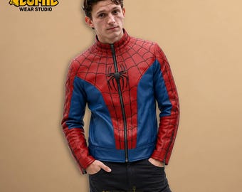 Spider-Man-inspirierte Lederjacke, rot-blaue Superhelden-Bikerjacke, handgefertigte Replika-Cosplay-Kostüm, Comic-Con-Geschenk für ihn