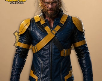 Lederjacke eines wilden Mutantenjägers, handgefertigtes blau-goldenes Kriegerkostüm mit Schulterpanzern und Geschirr, Cosplay-Geschenk für Comic-Cons