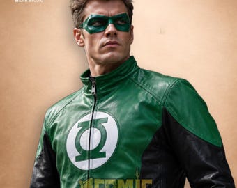 Green Lantern Inspired Leather Jacket Hal Jordan Cosplay Costume Superhero Biker Outfit Comic Con