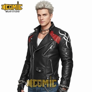May include: Black leather jacket with red shoulder panels and white tribal patterns. The jacket has a classic biker design with a notched collar, multiple zips, and a belt. The Comic Wear Studio logo is visible in the image.