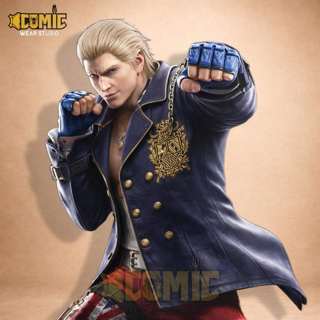 Steve Fox Tekken 8 Leather Coat, Navy Blue Boxing Jacket, British