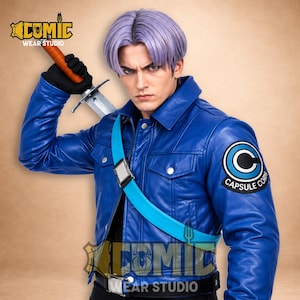 Future Trunks Inspired Leather Jacket - Indigo Blue Capsule Corp Moto - Anime Streetwear Bomber - Real Leather Trunks Cosplay- Gift for Fans