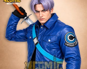 Future Trunks Inspired Leather Jacket - Indigo Blue Capsule Corp Moto - Anime Streetwear Bomber - Real Leather Trunks Cosplay- Gift for Fans