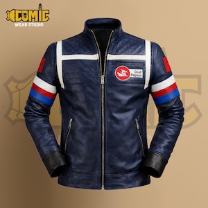 Handmade My Chemical Romance Party Poison Blue Leather Jacket: Gerard Way Danger Days Killjoys Cosplay Costume for Him