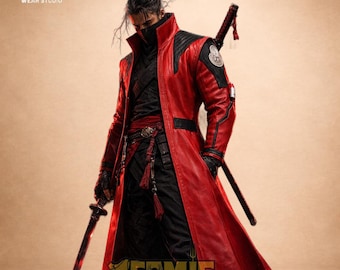 Leren jas Kenshi Takahashi, Mortal Kombat 1 cosplay, rode Ronin-trenchcoat, blinde zwaardvechter MK1-vest, custom gamingheldcadeau voor mannen