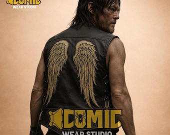 Handgemaakt Daryl Dixon-geïnspireerd zwart leren bikervest engelenvleugels, motorfiets cosplaykostuum Walking Dead-stijl