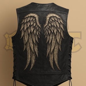 May include: Black leather vest with a detailed wing design on the back. The vest has a lace-up closure on the sides and the text "COMIC WEAR STUDIO" at the top. The wings are a light brown color.