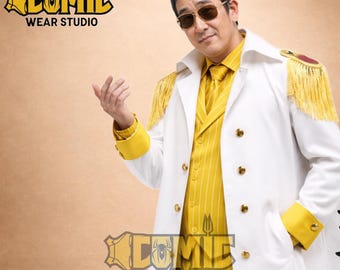 Admiral Kizaru Inspired Marine Coat - Yellow & White Cotton Trench - One Piece Cosplay - Custom Anime Overcoat - Justice Cape - Nakama Fans