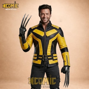 Puede incluir: Una chaqueta de cuero negra y amarilla con cierre de cremallera, usada con guantes negros con garras de metal. La chaqueta tiene un diseño acolchado y se usa con pantalones negros. La imagen incluye el texto "COMIC WEAR STUDIO".