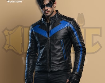 Nightwing Inspired Leather Jacket, Blue & Black Real Cowhide Moto, Gotham Hero Streetwear, Tactical Biker Bomber, Mens Cosplay, Gift