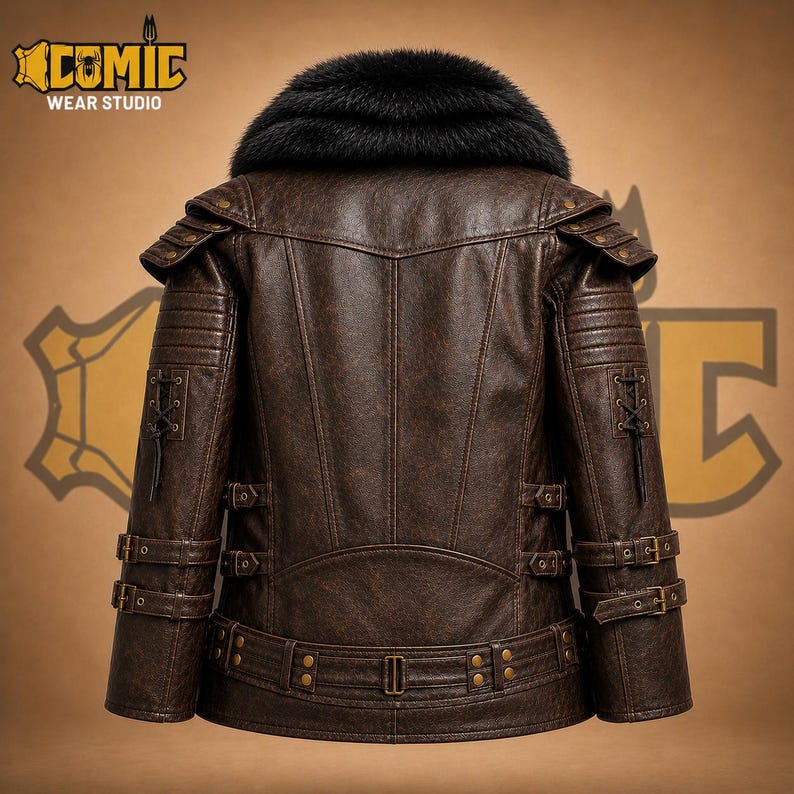 Men's brown leather jacket with luxurious black fur collar, detailed back panel stitching, buckle straps on sleeves and waist, and rugged gothic motorcycle style.