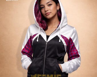 Spider-Gwen Satin Hoodie Jacket, Ghost Spider Pink White Bomber, Gwen Stacy Cosplay, Women Spider-Verse Gift, Athletic Silk Streetwear 2026