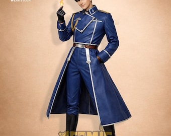 Roy Mustang Inspired Leather Coat, Fullmetal Alchemist Cosplay, Blue Military Trench Coat, Anime Inspired Biker Jacket, Flame Alchemist