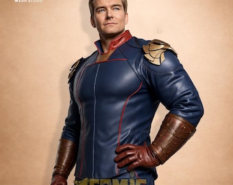 Homelander Inspired Leather Jacket, The Boys Cosplay Costume, Blue Superhero Coat, Eagle Pauldrons Biker Jacket, Vought Style Gift for Him