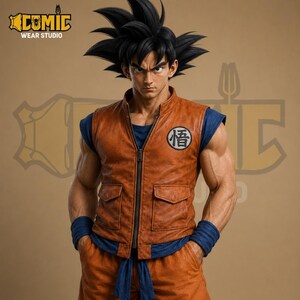Goku Inspired Real Leather Vest, Dragon Ball Cosplay Jacket Anime Costume Men's, Turtle School Gi Vest Halloween