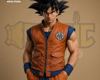 Goku Inspired Real Leather Vest, Dragon Ball Cosplay Jacket Anime Costume Men's, Turtle School Gi Vest Halloween