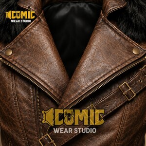 Detailed view of a premium brown leather jacket showcasing distressed leather texture, oversized lapel collar, black faux fur collar, diagonal zipper, and vintage buckle strap.