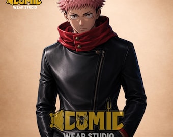 Anime Inspired Leather Jacket - Anime Cosplay Streetwear - Tech Uniform Style Black & Red Biker Jacket for Mens