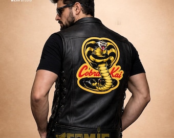 Cobra Kai Black Leather Vest, Johnny Lawrence Karate Kid Cosplay Costume, Handmade Real Leather Biker Waistcoat, Martial Arts Gift for Him