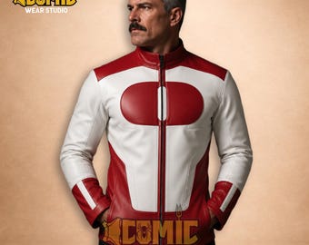 Viltrumite Hero Real Leather Jacket - Red White Comic Superhero Cosplay Armor Coat - Invincible Father Premium Anime Biker Moto Costume