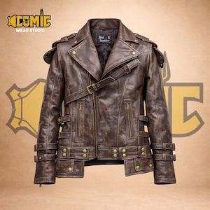 Front of Karlach Baldur's Gate 3 leather jacket. Brown distressed Viking armor with collar, asymmetric buckles, and warrior pauldrons.