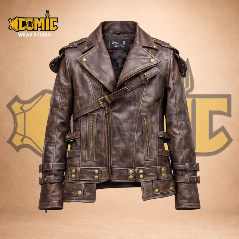 Front of Karlach Baldur's Gate 3 leather jacket. Brown distressed Viking armor with collar, asymmetric buckles, and warrior pauldrons.