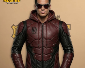 Daredevil-inspirierte Lederjacke für Herren, rot-schwarze, gepanzerte Kapuzenjacke für Cosplay, Matt-Murdock-Kostüm, Comic-Geschenk für ihn