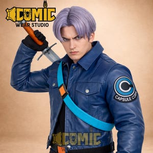 Chaqueta de cuero inspirada en Future Trunks - Azul índigo Capsule Corp Moto - Chaqueta estilo bomber estilo anime - Cosplay de Trunks de cuero auténtico - Regalo para fans