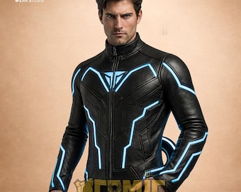 Tron Legacy Leather Jacket Neon Cyan Glow Biker Coat, Futuristic Cyberpunk Streetwear, Sci-Fi Movie Cosplay Armor, Mens Real Leather Jacket